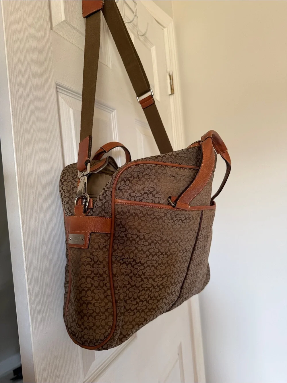 Large Coach Signature Canvas Briefcase with Tan Leather Trim